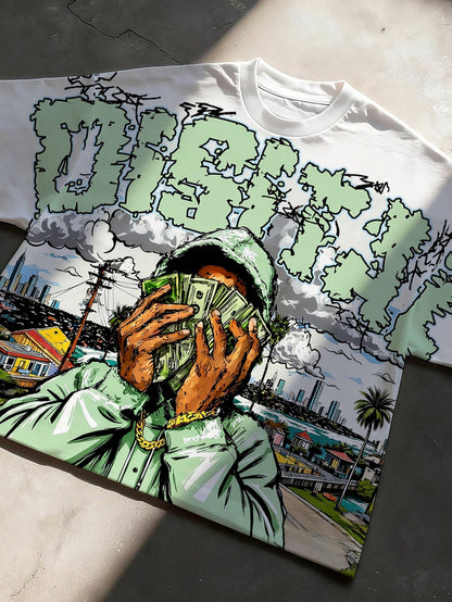 Manfinity EMRG Men's Summer Oversized T-Shirt,White Streetwear City Break Urban Figure Portrait Graffiti Graphic Print Crew Neck Short Sleeve Relaxed Fit Tee,Y2K
