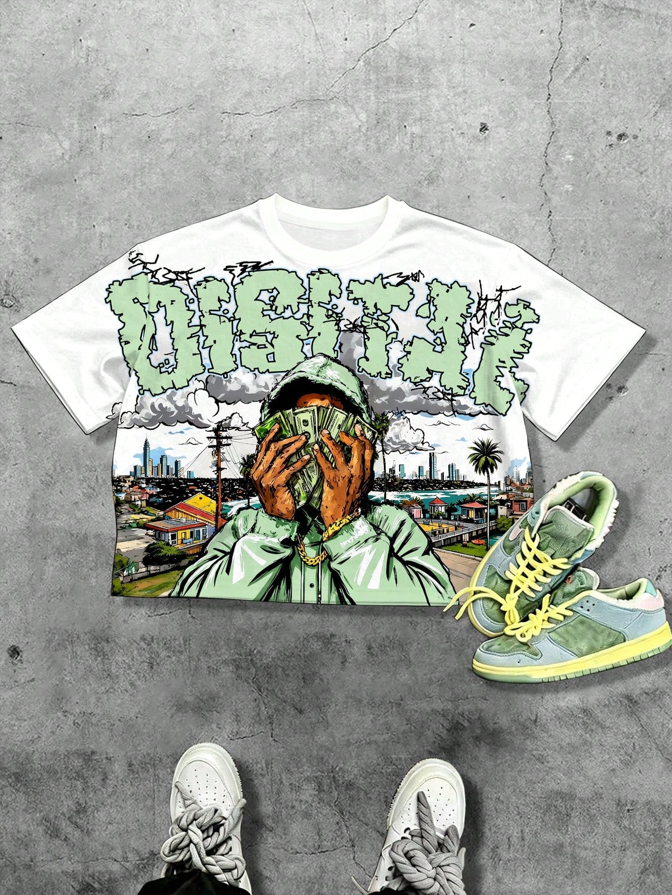 Manfinity EMRG Men's Summer Oversized T-Shirt,White Streetwear City Break Urban Figure Portrait Graffiti Graphic Print Crew Neck Short Sleeve Relaxed Fit Tee,Y2K