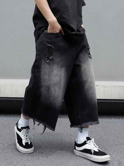 Manfinity EMRG Plus Size Men's Black Distressed Trim Loose Denim Shorts,Summer Oversized Baggy Jorts,Evening Front Button Pocket Emo Style For Husband Gifts