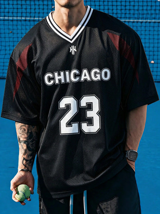 Manfinity Gritte Field Men's Letter & Number Print Short Sleeve Basketball Jersey