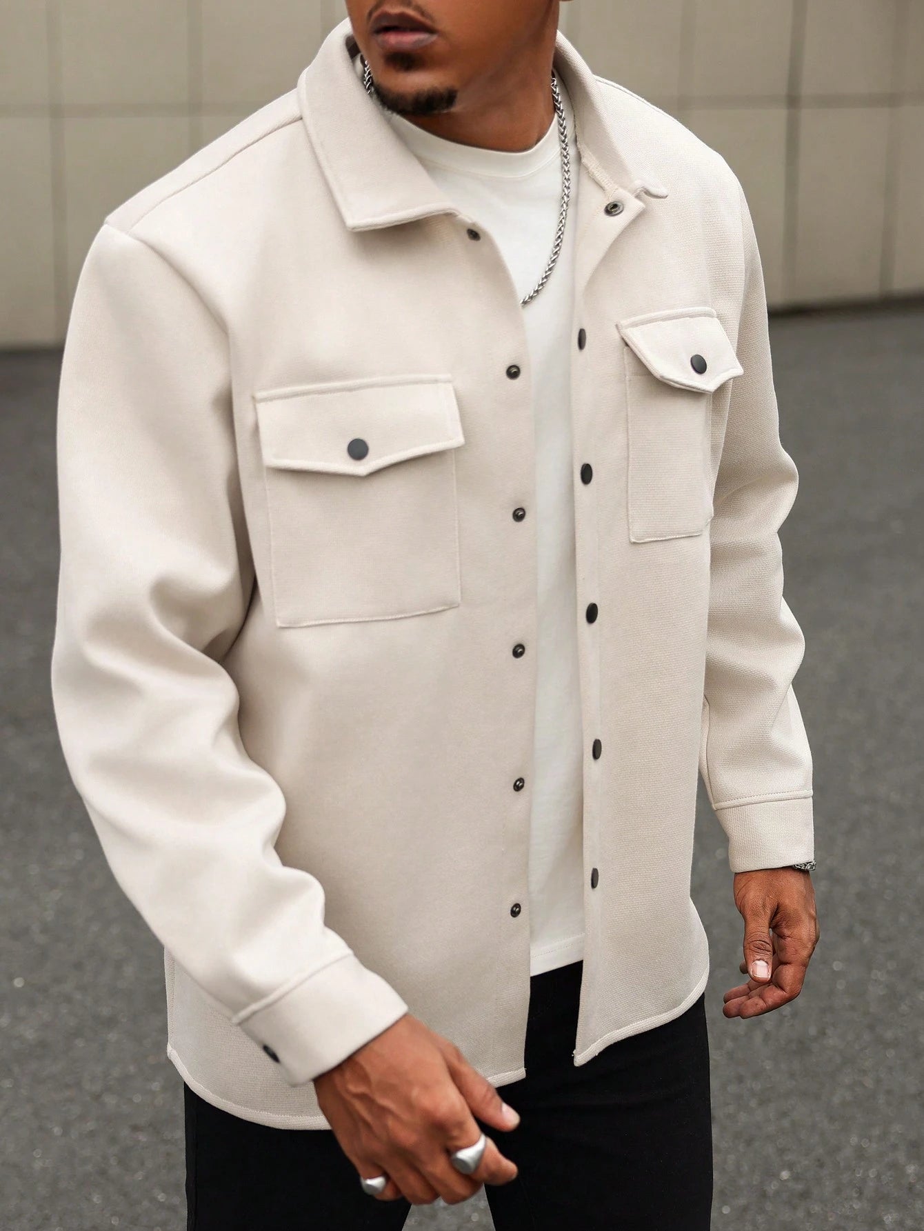 Manfinity Homme Plus Size Men's Solid Color Long Sleeve Wool Shacket