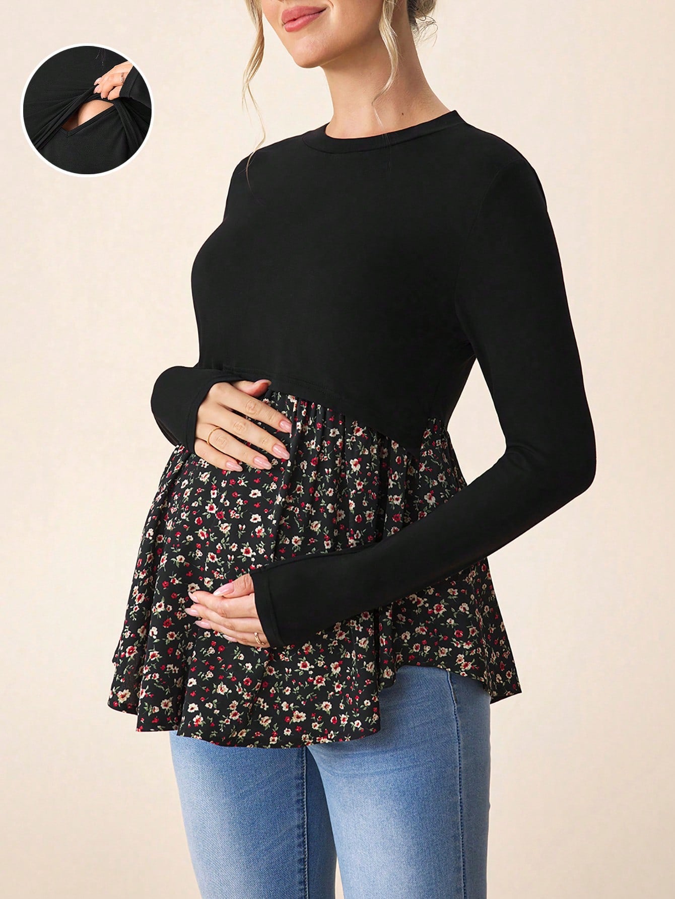 Maternity Casual Color Block Nursing Long Sleeve T-Shirt For Autumn Wear Fall