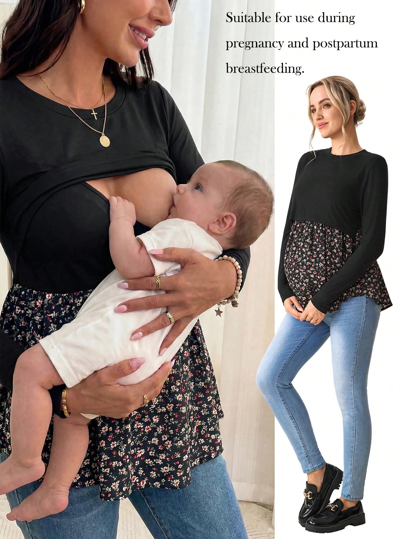 Maternity Casual Color Block Nursing Long Sleeve T-Shirt For Autumn Wear Fall