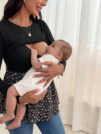 Maternity Casual Color Block Nursing Long Sleeve T-Shirt For Autumn Wear Fall