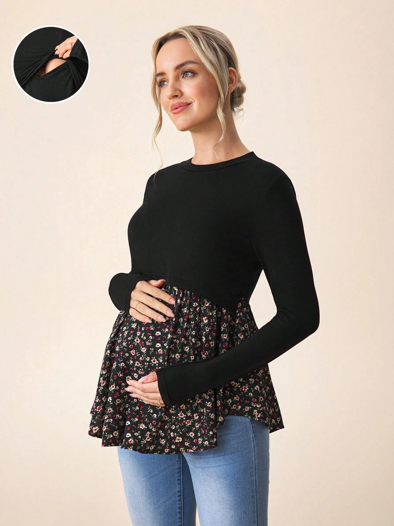 Maternity Casual Color Block Nursing Long Sleeve T-Shirt For Autumn Wear Fall