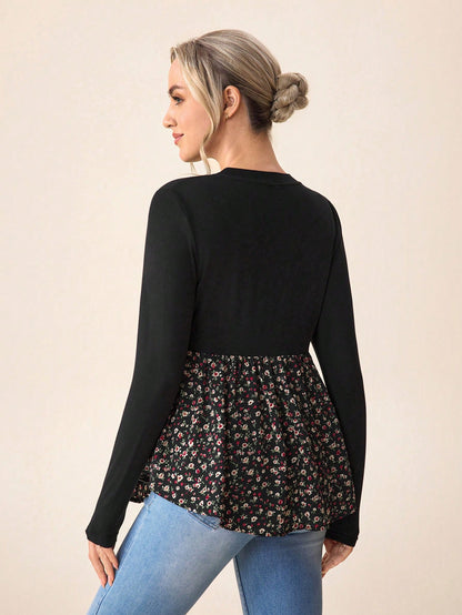 Maternity Casual Color Block Nursing Long Sleeve T-Shirt For Autumn Wear Fall