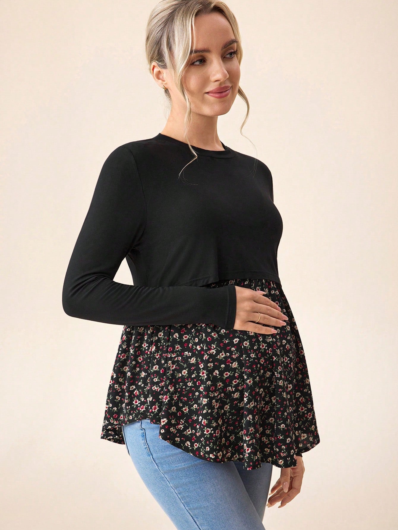 Maternity Casual Color Block Nursing Long Sleeve T-Shirt For Autumn Wear Fall