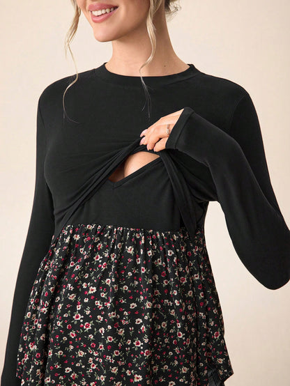 Maternity Casual Color Block Nursing Long Sleeve T-Shirt For Autumn Wear Fall