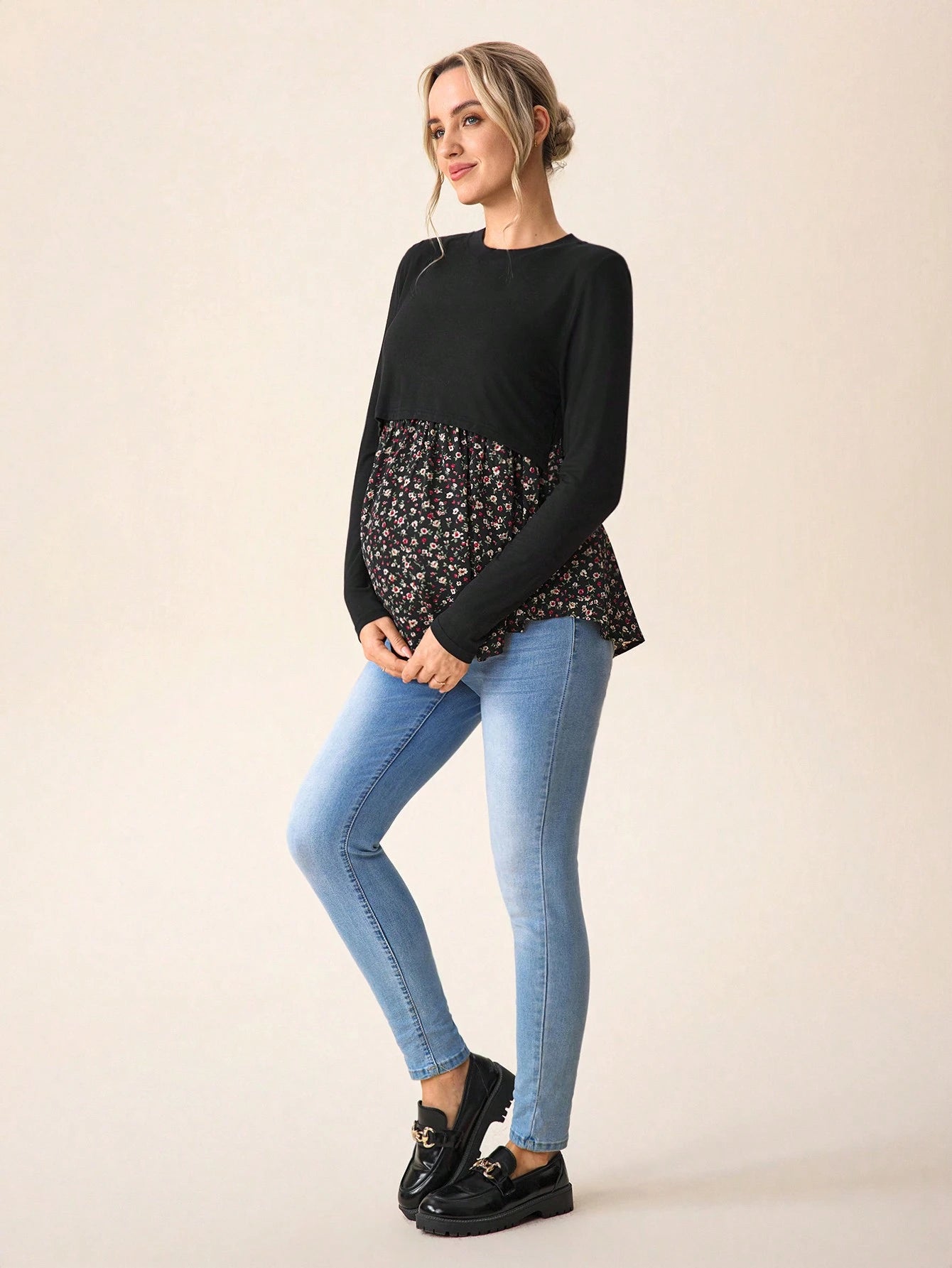 Maternity Casual Color Block Nursing Long Sleeve T-Shirt For Autumn Wear Fall