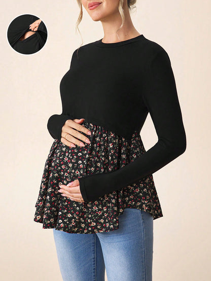 Maternity Casual Color Block Nursing Long Sleeve T-Shirt For Autumn Wear Fall