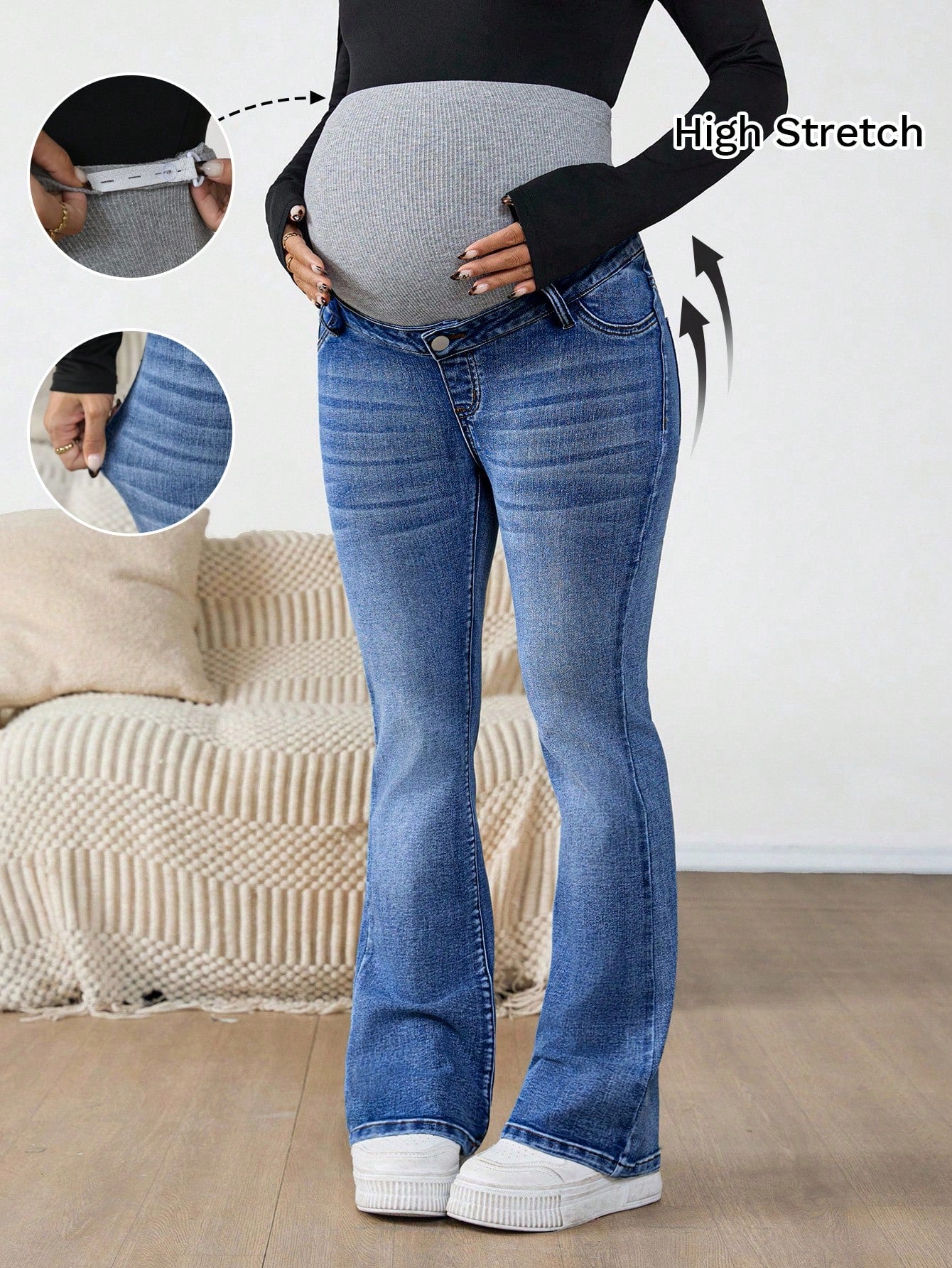Maternity Navy Blue Winter Casual Flare Jeans,Everyday High Waist Color Block Pregnancy Pants With Ribbed Over Belly Panel For Expectant Mothers