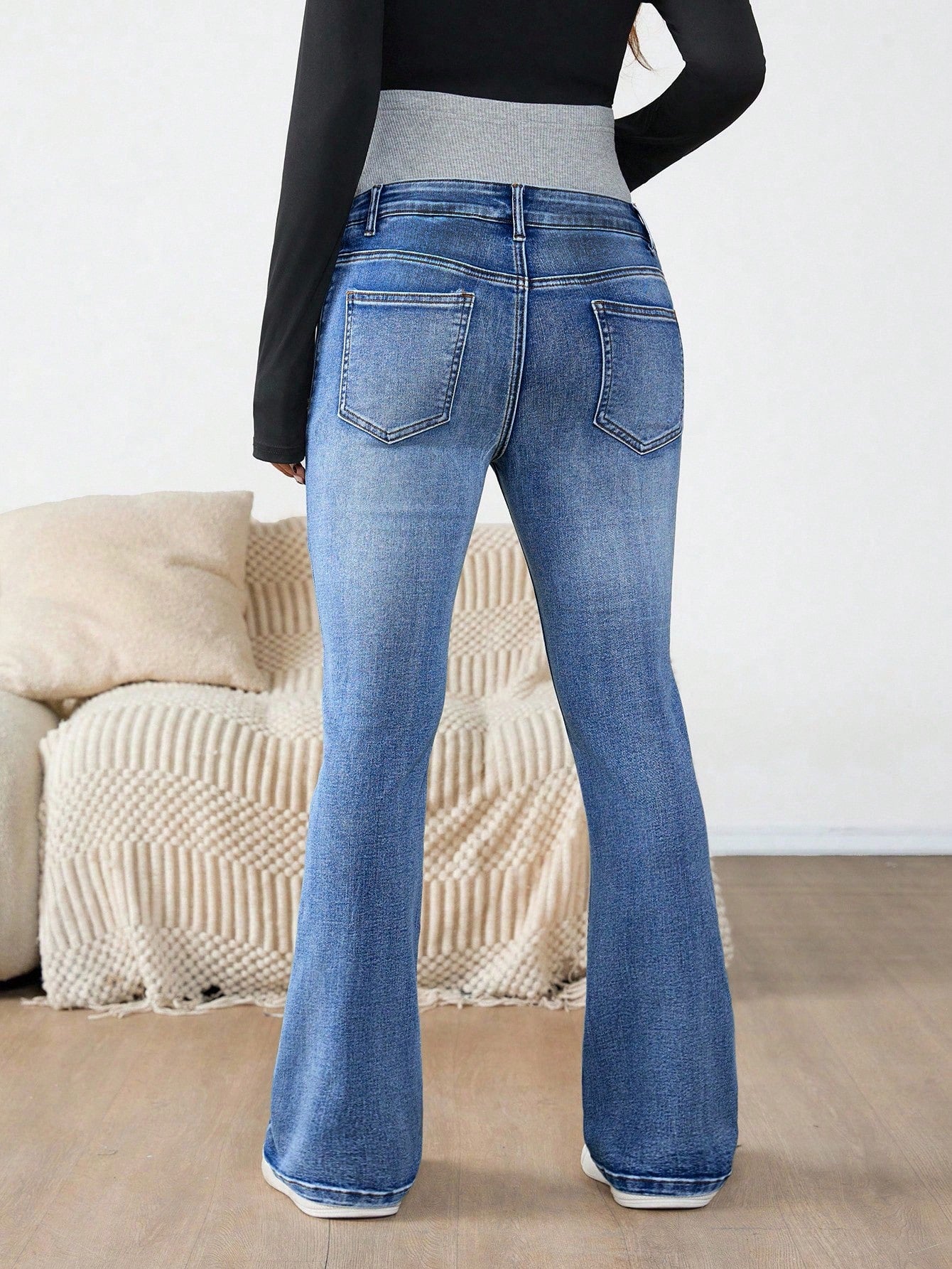 Maternity Navy Blue Winter Casual Flare Jeans,Everyday High Waist Color Block Pregnancy Pants With Ribbed Over Belly Panel For Expectant Mothers