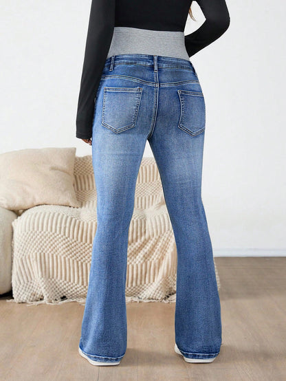 Maternity Navy Blue Winter Casual Flare Jeans,Everyday High Waist Color Block Pregnancy Pants With Ribbed Over Belly Panel For Expectant Mothers