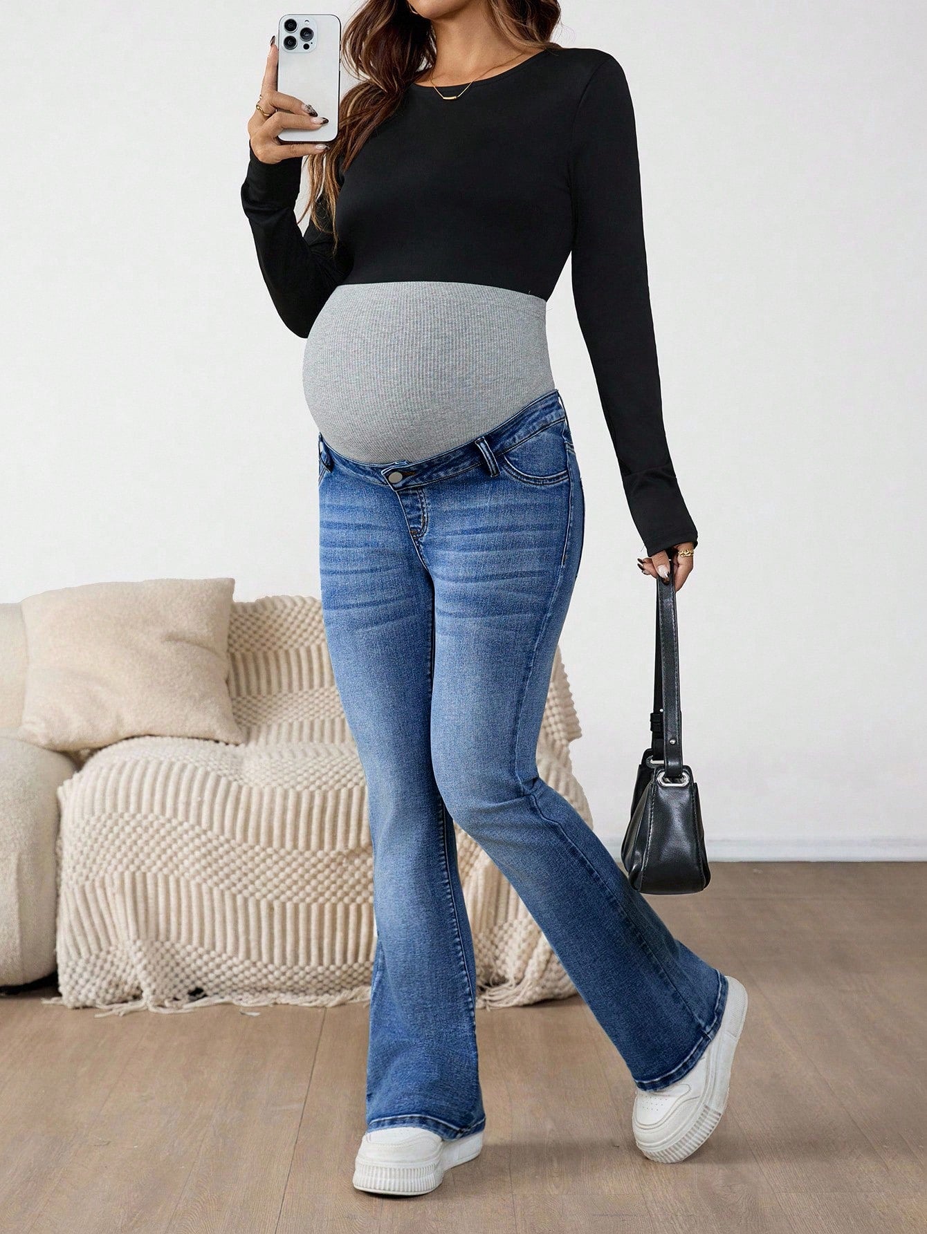 Maternity Navy Blue Winter Casual Flare Jeans,Everyday High Waist Color Block Pregnancy Pants With Ribbed Over Belly Panel For Expectant Mothers