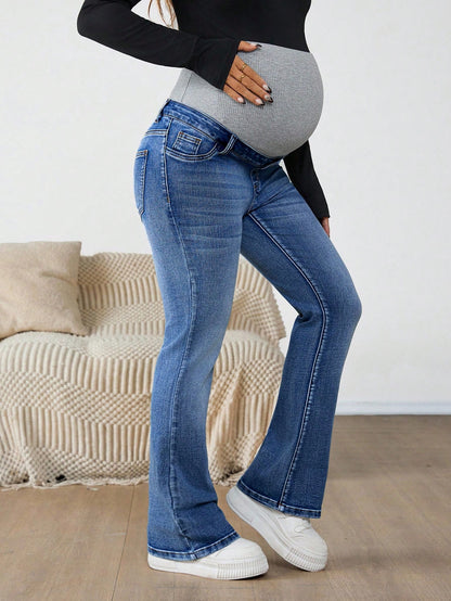 Maternity Navy Blue Winter Casual Flare Jeans,Everyday High Waist Color Block Pregnancy Pants With Ribbed Over Belly Panel For Expectant Mothers