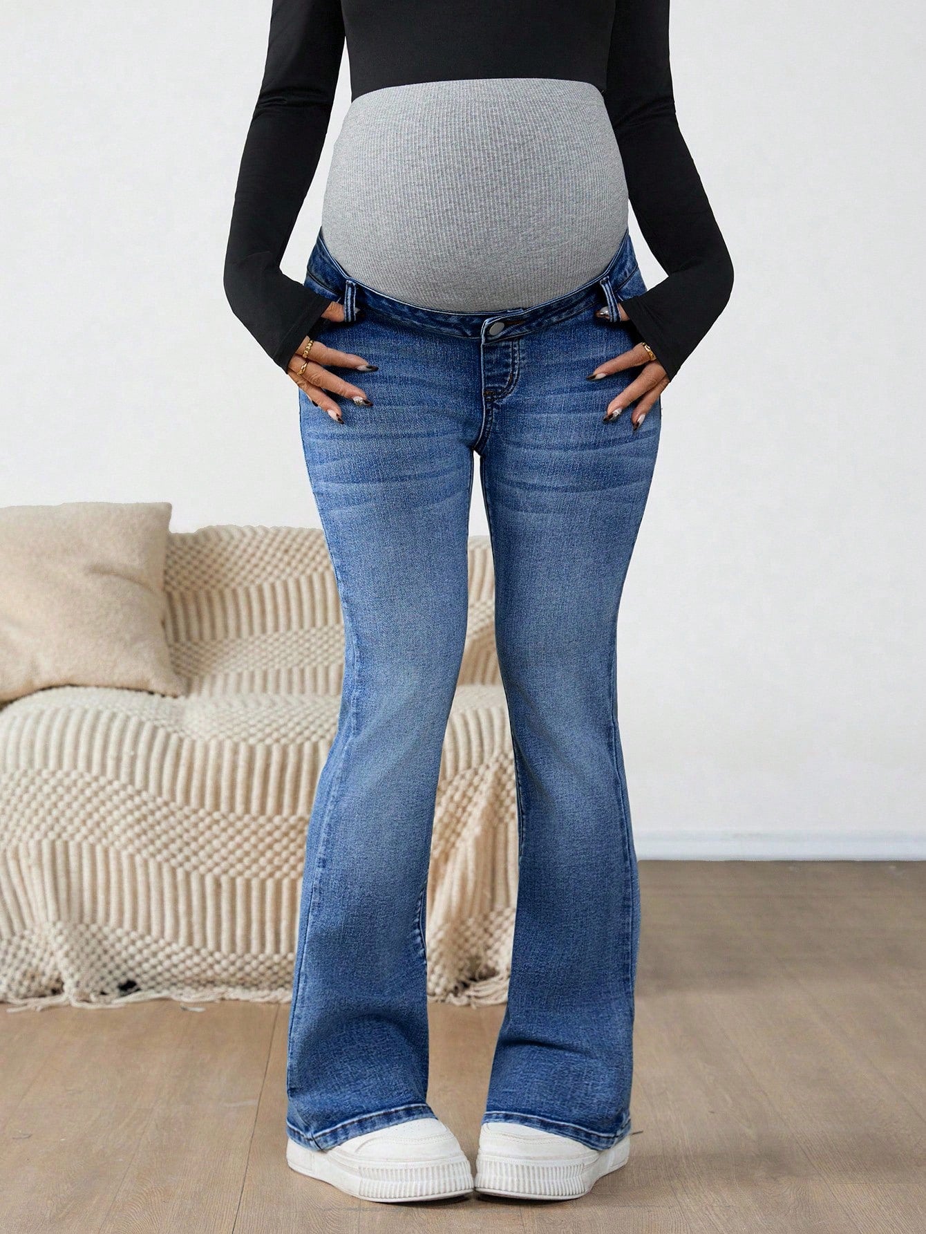 Maternity Navy Blue Winter Casual Flare Jeans,Everyday High Waist Color Block Pregnancy Pants With Ribbed Over Belly Panel For Expectant Mothers