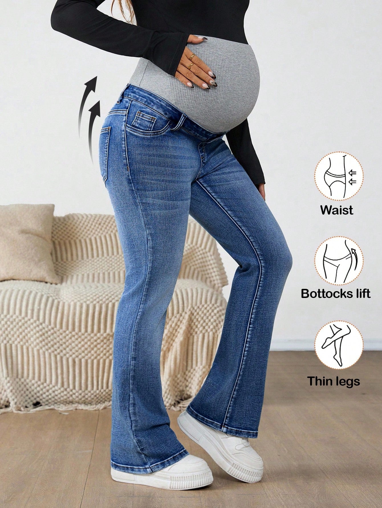 Maternity Navy Blue Winter Casual Flare Jeans,Everyday High Waist Color Block Pregnancy Pants With Ribbed Over Belly Panel For Expectant Mothers