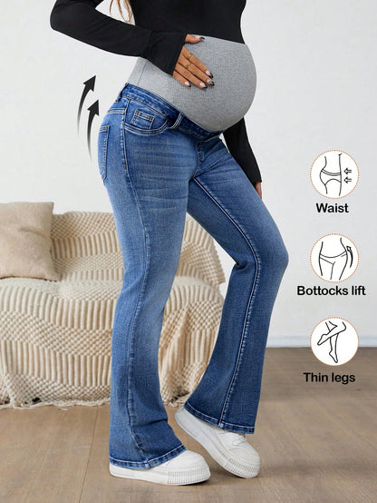 Maternity Navy Blue Winter Casual Flare Jeans,Everyday High Waist Color Block Pregnancy Pants With Ribbed Over Belly Panel For Expectant Mothers