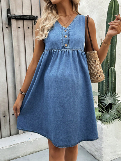 Maternity V-Neck Navy Blue Denim Sleeveless Dress,Casual Half-Placket Summer Holiday Sundress For Women,Baby Shower,Beach Vacation & Office Outfits
