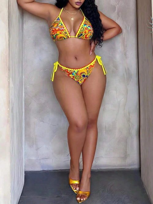 Maweii Plus Size Allover Print Vacation Beach Swimwear Set, Random Print For Summer