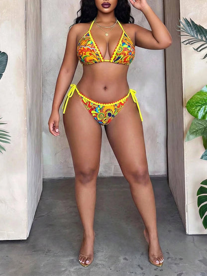 Maweii Plus Size Allover Print Vacation Beach Swimwear Set, Random Print For Summer