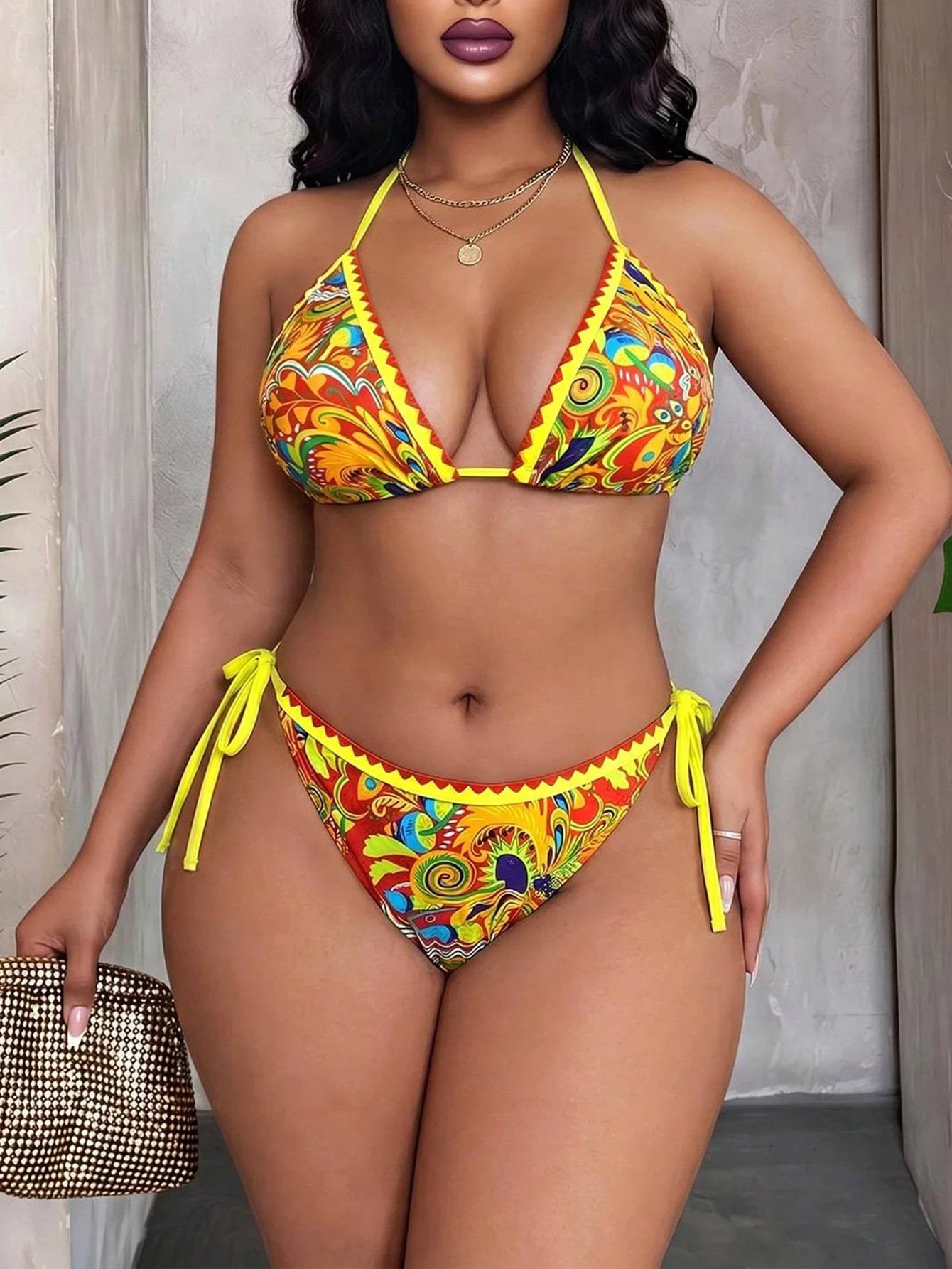 Maweii Plus Size Allover Print Vacation Beach Swimwear Set, Random Print For Summer