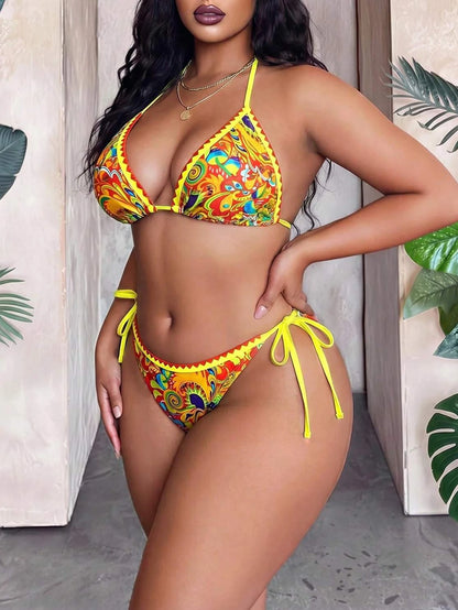 Maweii Plus Size Allover Print Vacation Beach Swimwear Set, Random Print For Summer