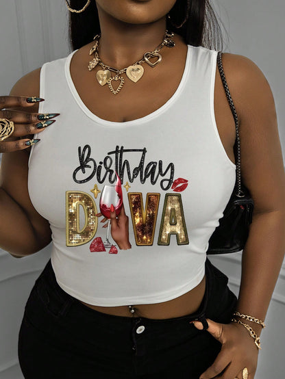 Maweii Plus Size Women's Fashionable Printed Casual Tank Top, 'Birthday AEVA' Graphic Tees Women Tops Summer