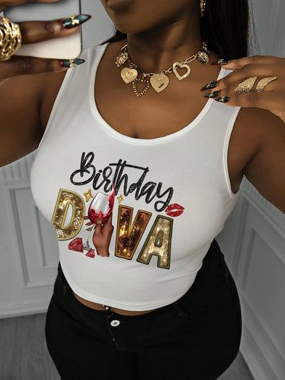 Maweii Plus Size Women's Fashionable Printed Casual Tank Top, 'Birthday AEVA' Graphic Tees Women Tops Summer