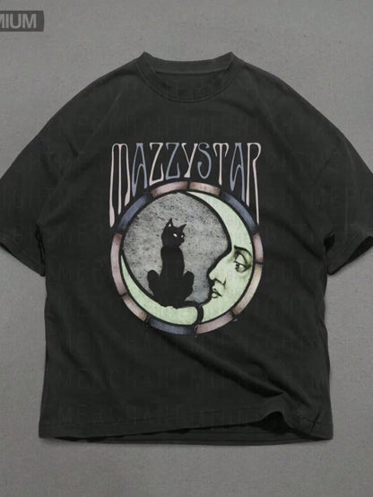 "MAZZY STAR Cat Moon Pattern T-Shirt"