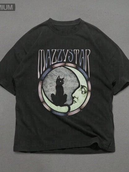 "MAZZY STAR Cat Moon Pattern T-Shirt"