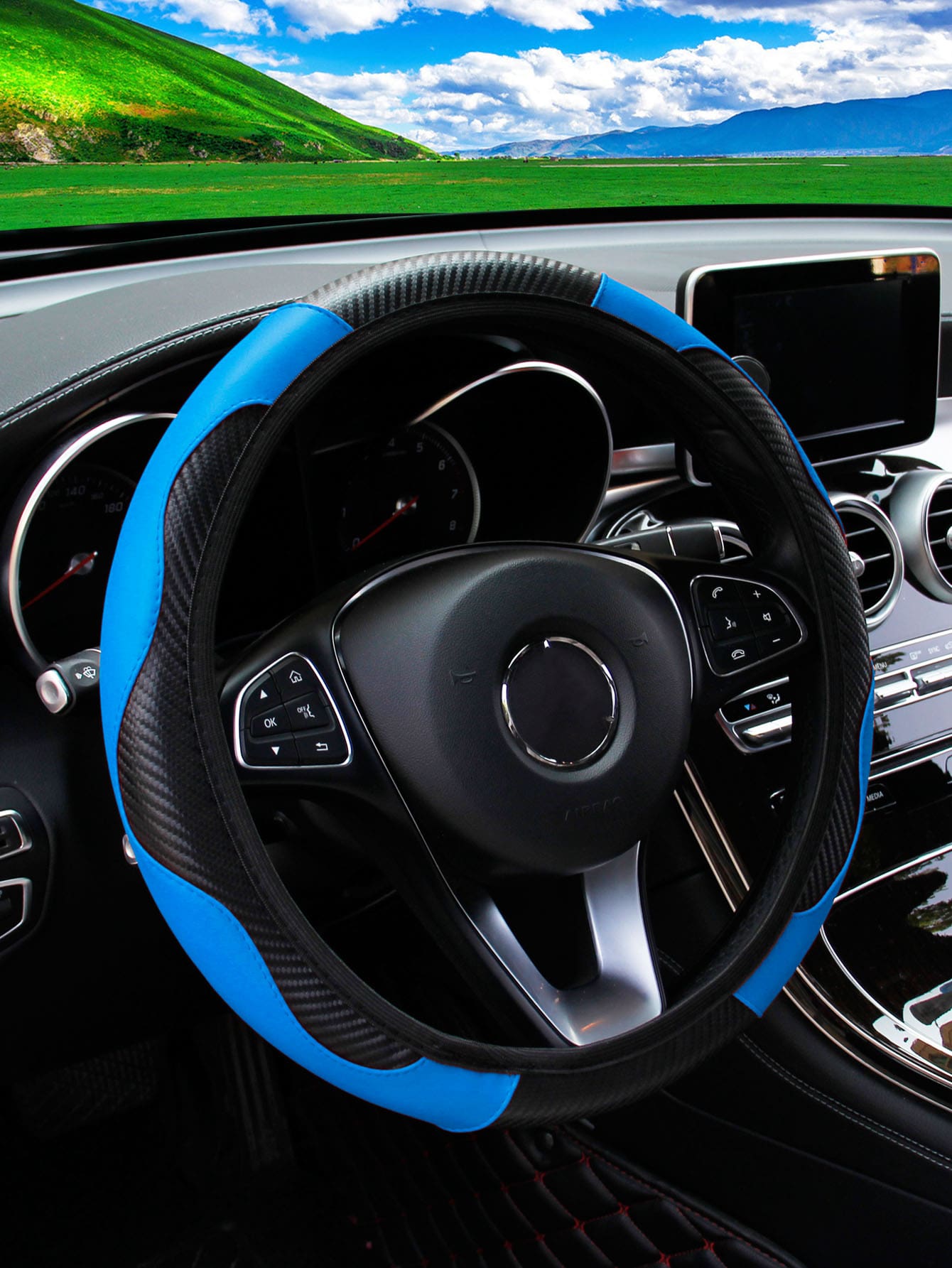 MEIKAXIU 1pc Carbon Fiber Leather Comfortable Car Steering Wheel Cover, Fits 14.5-15 Inch Steering Wheel, Elastic Band, Automotive Interior Accessories, Unisex, All Season,Car Accessories