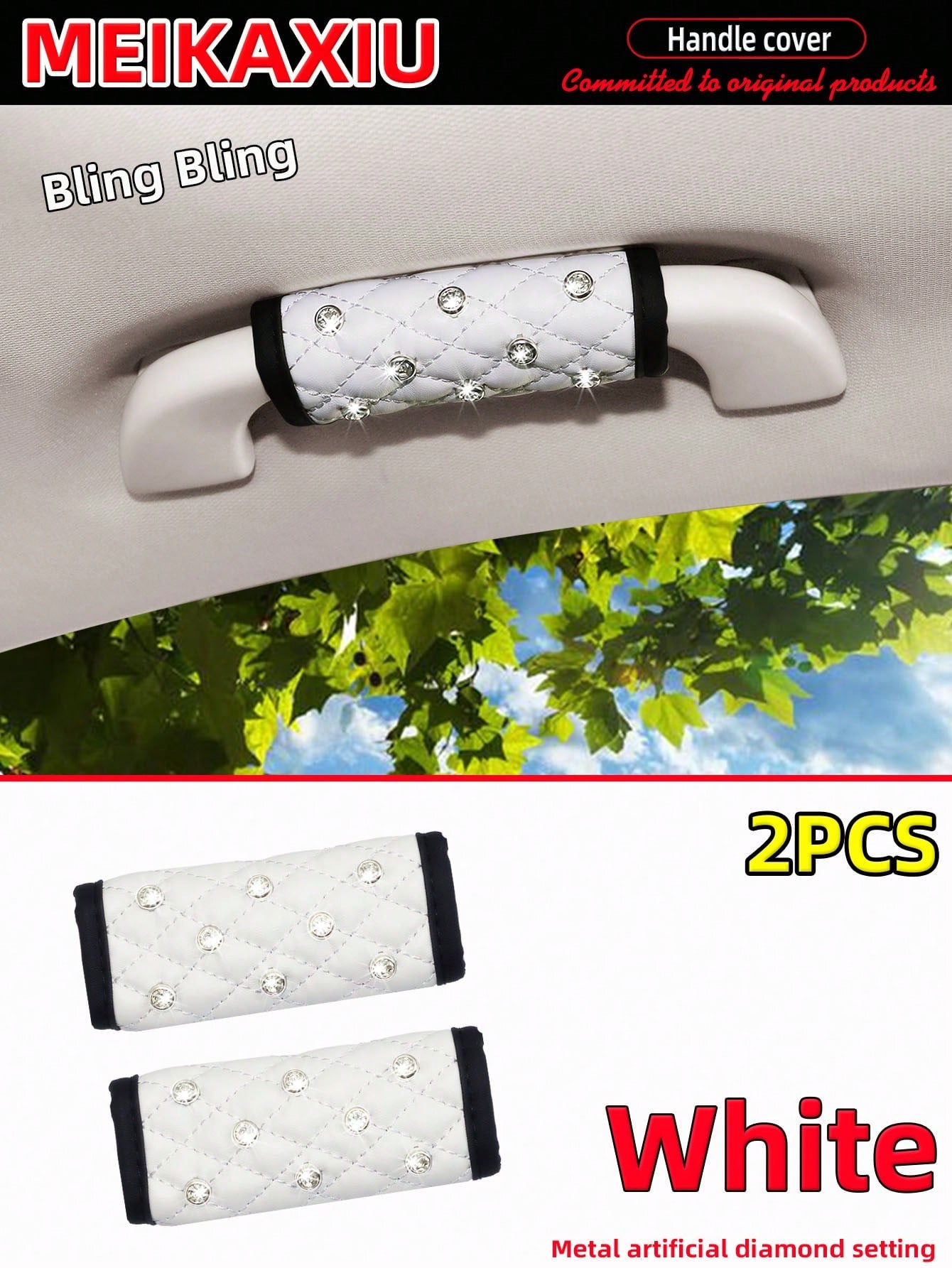 MEIKAXIU 2pcs Soft Faux Sheepskin With Rhinestones Shiny Blingbling Fabric Comfortable Breathable Car Interior Handle Protector Covers, Universal Fit