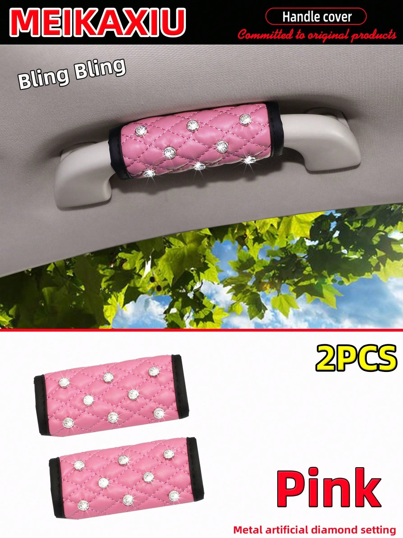 MEIKAXIU 2pcs Soft Faux Sheepskin With Rhinestones Shiny Blingbling Fabric Comfortable Breathable Car Interior Handle Protector Covers, Universal Fit