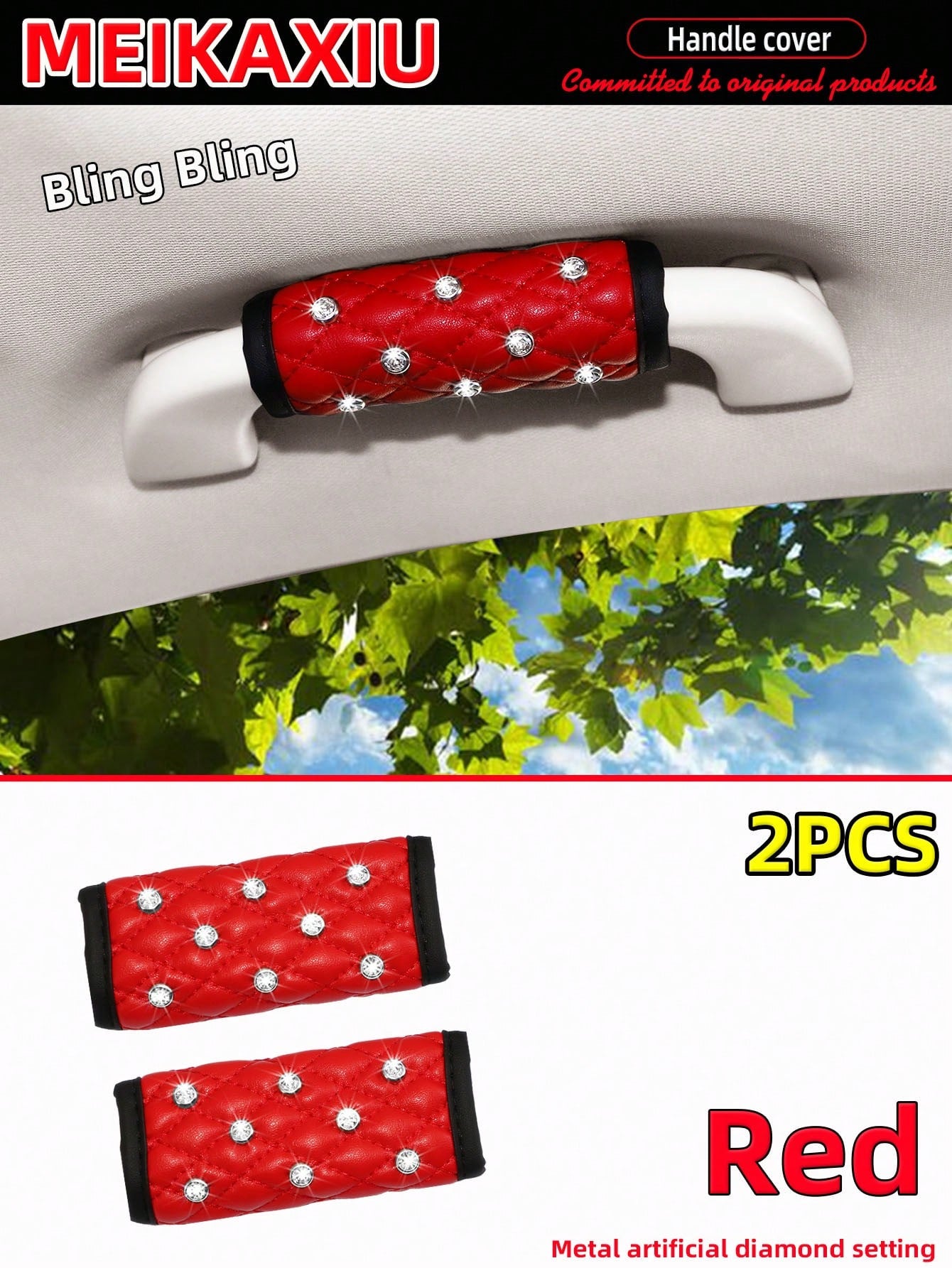 MEIKAXIU 2pcs Soft Faux Sheepskin With Rhinestones Shiny Blingbling Fabric Comfortable Breathable Car Interior Handle Protector Covers, Universal Fit