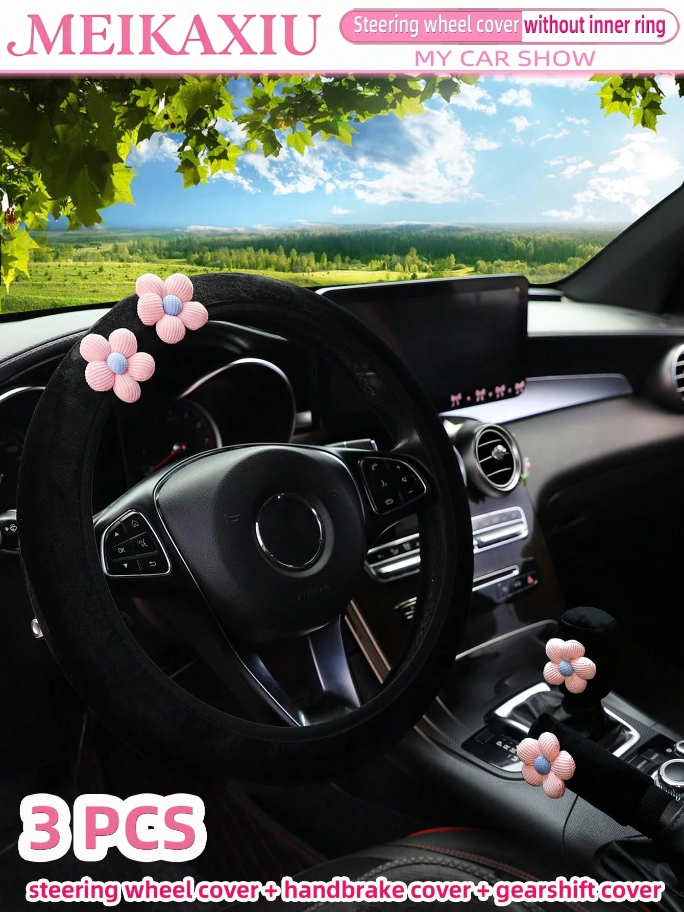MEIKAXIU 3pcs Corn Flower Short Plush Car Steering Wheel Cover Without Inner Ring 38CM Handbrake Cover Gear Shift Cover Car Accessories For Women