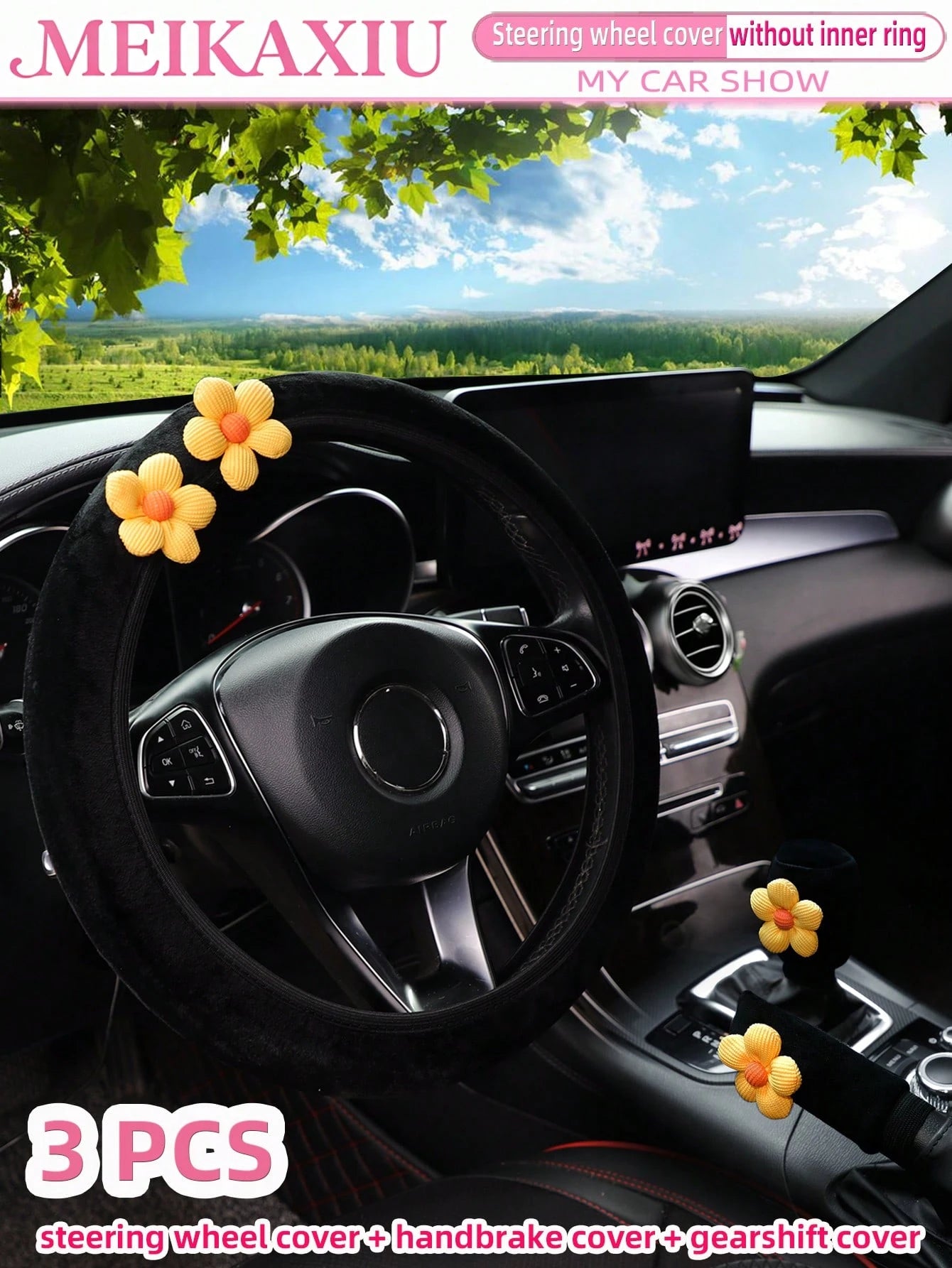 MEIKAXIU 3pcs Corn Flower Short Plush Car Steering Wheel Cover Without Inner Ring 38CM Handbrake Cover Gear Shift Cover Car Accessories For Women