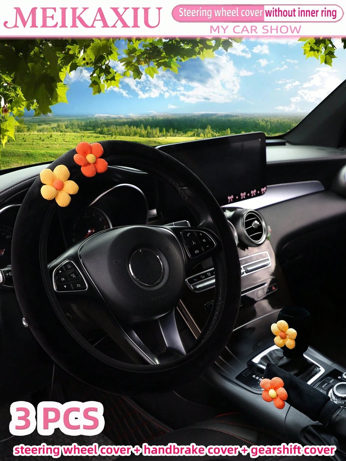 MEIKAXIU 3pcs Corn Flower Short Plush Car Steering Wheel Cover Without Inner Ring 38CM Handbrake Cover Gear Shift Cover Car Accessories For Women