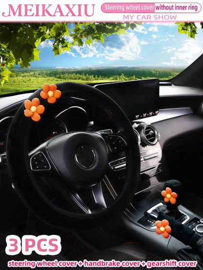 MEIKAXIU 3pcs Corn Flower Short Plush Car Steering Wheel Cover Without Inner Ring 38CM Handbrake Cover Gear Shift Cover Car Accessories For Women