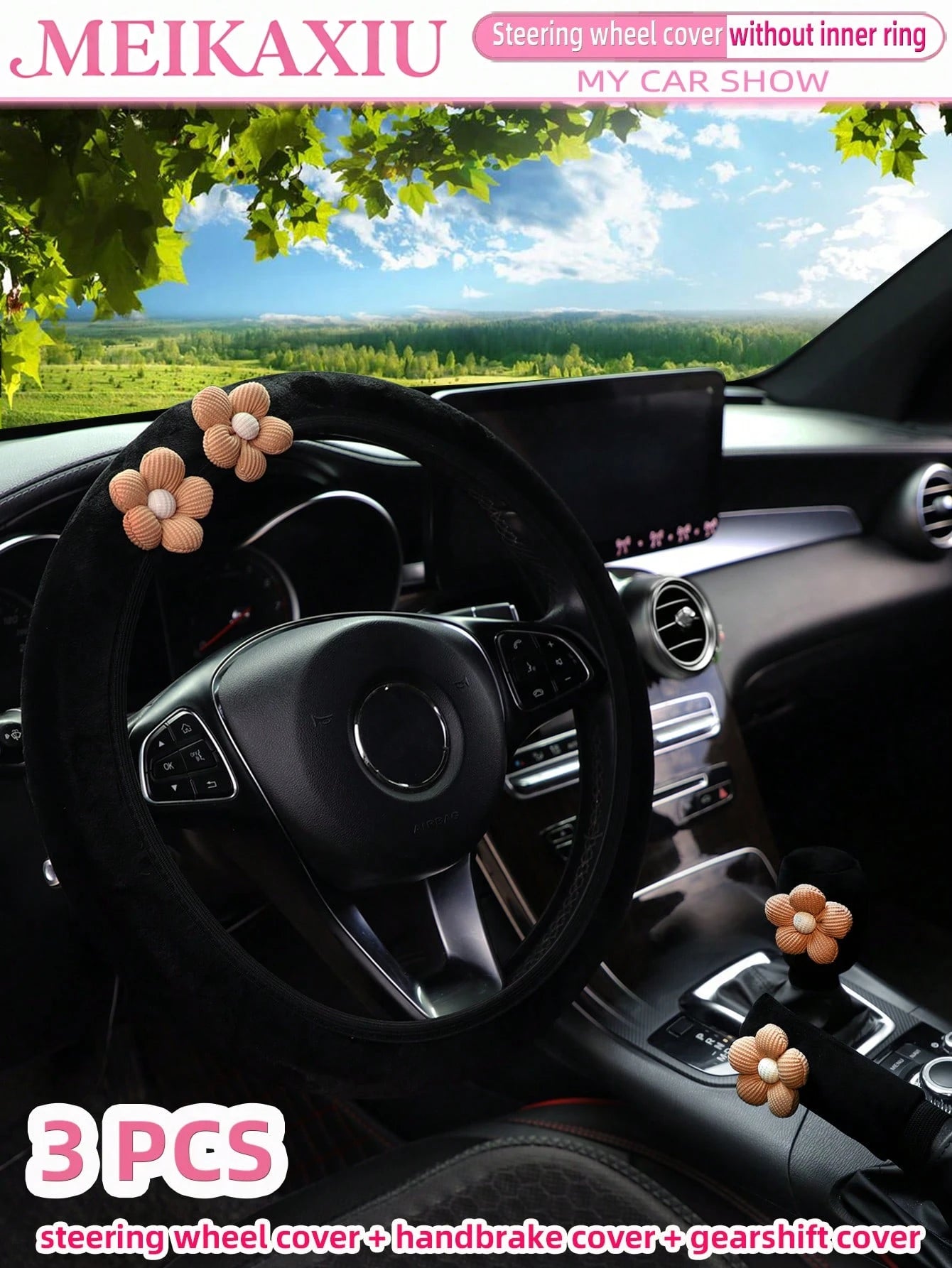 MEIKAXIU 3pcs Corn Flower Short Plush Car Steering Wheel Cover Without Inner Ring 38CM Handbrake Cover Gear Shift Cover Car Accessories For Women