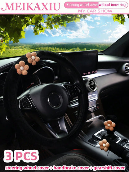 MEIKAXIU 3pcs Corn Flower Short Plush Car Steering Wheel Cover Without Inner Ring 38CM Handbrake Cover Gear Shift Cover Car Accessories For Women