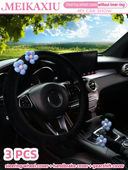 MEIKAXIU 3pcs Corn Flower Short Plush Car Steering Wheel Cover Without Inner Ring 38CM Handbrake Cover Gear Shift Cover Car Accessories For Women