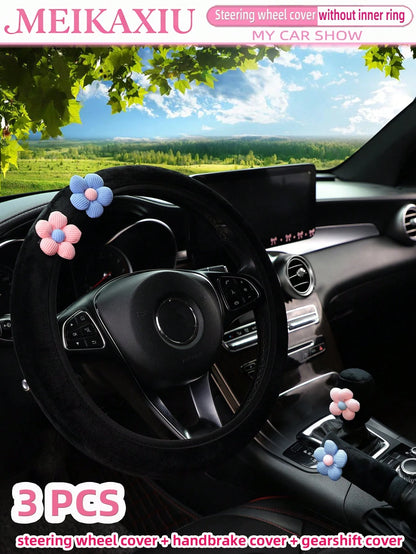 MEIKAXIU 3pcs Corn Flower Short Plush Car Steering Wheel Cover Without Inner Ring 38CM Handbrake Cover Gear Shift Cover Car Accessories For Women