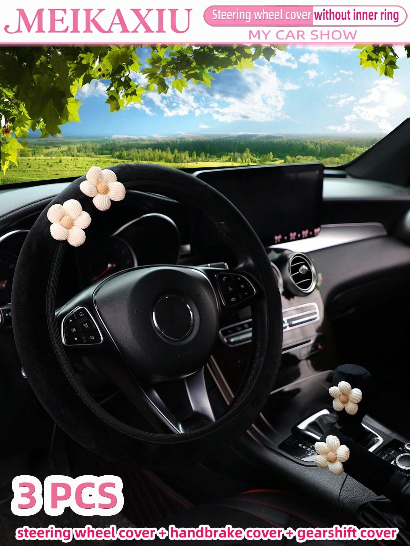 MEIKAXIU 3pcs Corn Flower Short Plush Car Steering Wheel Cover Without Inner Ring 38CM Handbrake Cover Gear Shift Cover Car Accessories For Women