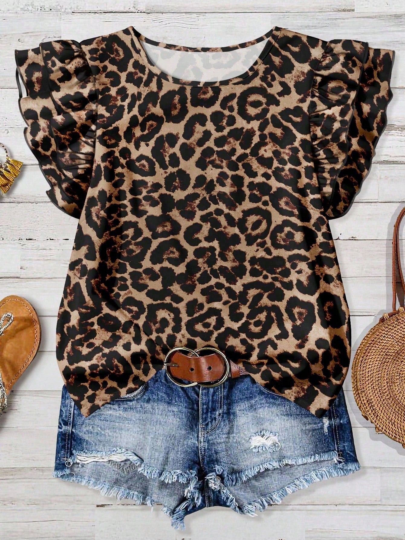 Mellowie Women's Vintage Leopard Print Round Neck Blouse,Khaki Summer Casual Vacation Holiday Wear,Minimalist Elegant Autumn Fall Top For Music Festival