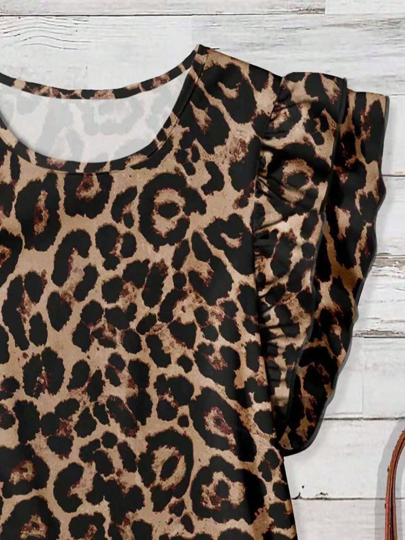 Mellowie Women's Vintage Leopard Print Round Neck Blouse,Khaki Summer Casual Vacation Holiday Wear,Minimalist Elegant Autumn Fall Top For Music Festival