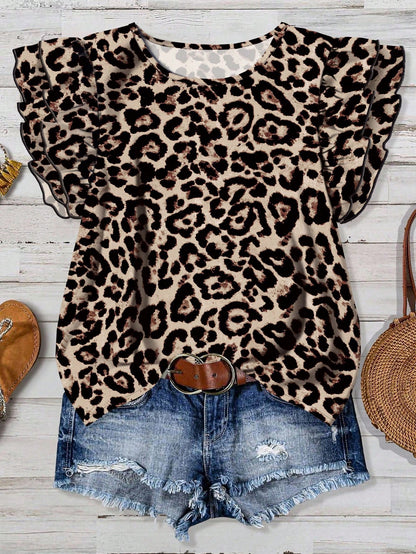 Mellowie Women's Vintage Leopard Print Round Neck Blouse,Khaki Summer Casual Vacation Holiday Wear,Minimalist Elegant Autumn Fall Top For Music Festival