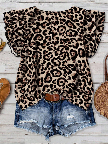 Mellowie Women's Vintage Leopard Print Round Neck Blouse,Khaki Summer Casual Vacation Holiday Wear,Minimalist Elegant Autumn Fall Top For Music Festival