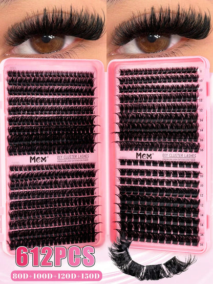 MEM 640/300Pcs D-Curl Lash Clusters, Durable High-Capacity Beginner DIY Eyelash Set, Easy Home Grafting For Charming Big Eye Makeup, Portable For Daily & Travel Use, Perfect For Wedding, Date, Party