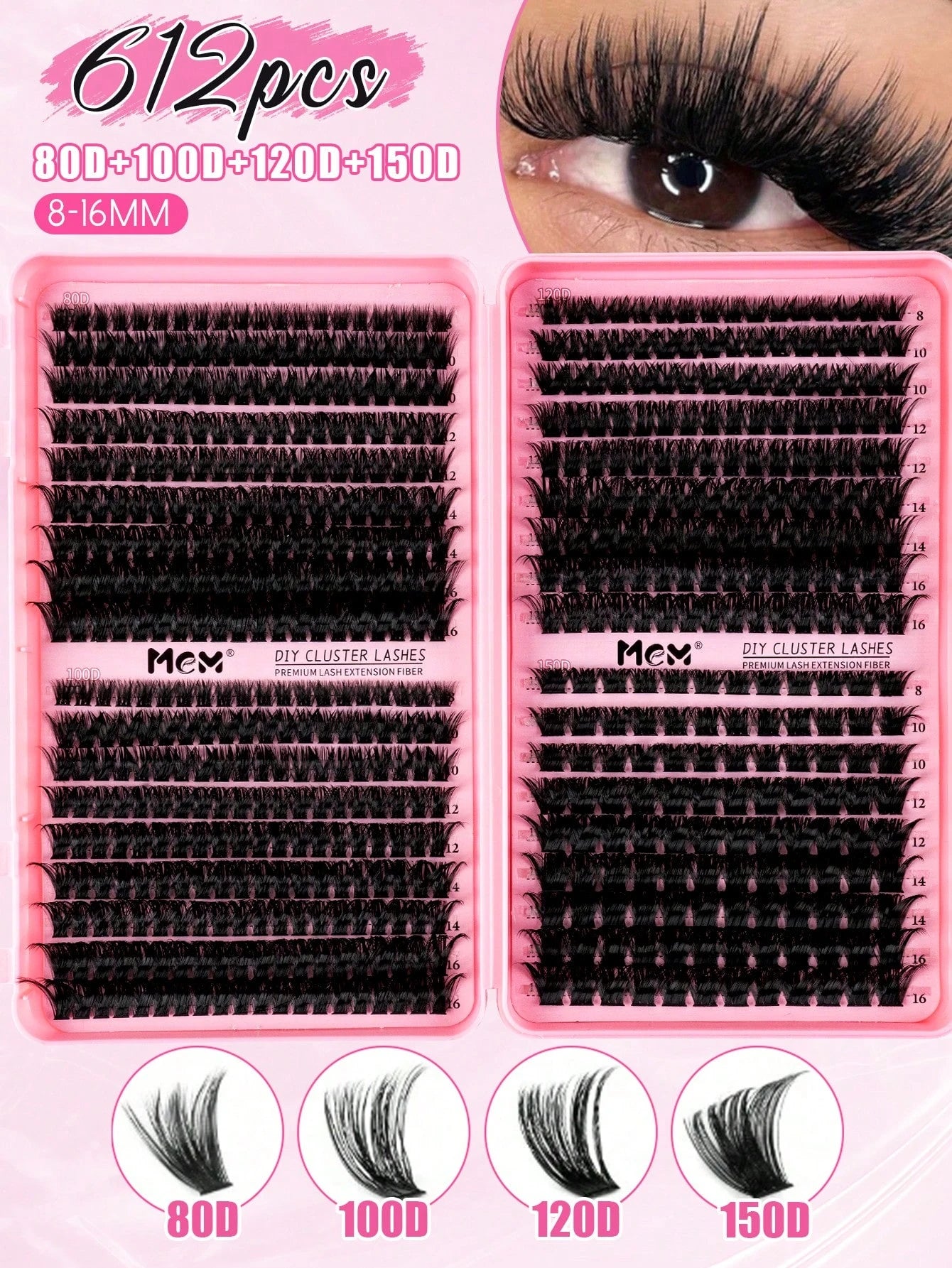 MEM 640/300Pcs D-Curl Lash Clusters, Durable High-Capacity Beginner DIY Eyelash Set, Easy Home Grafting For Charming Big Eye Makeup, Portable For Daily & Travel Use, Perfect For Wedding, Date, Party